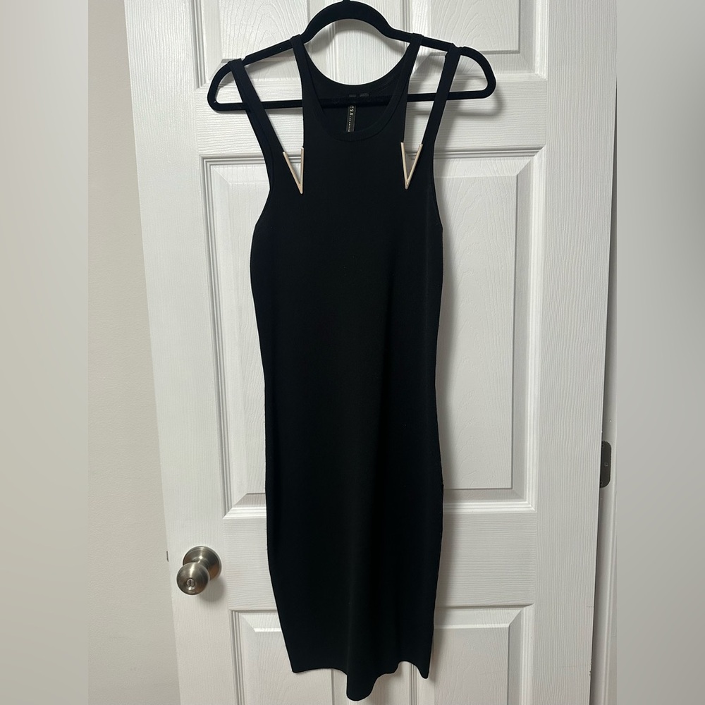 Guess Black Sleeveless Midi Dress with Gold Triangle Accents